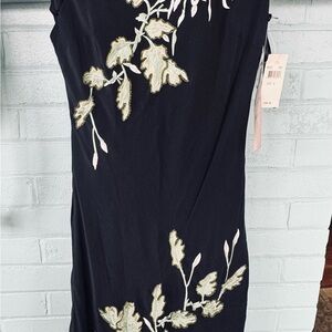 Sue Wong Black silk long Maxi Dress with Leaf Embroidery and beads.